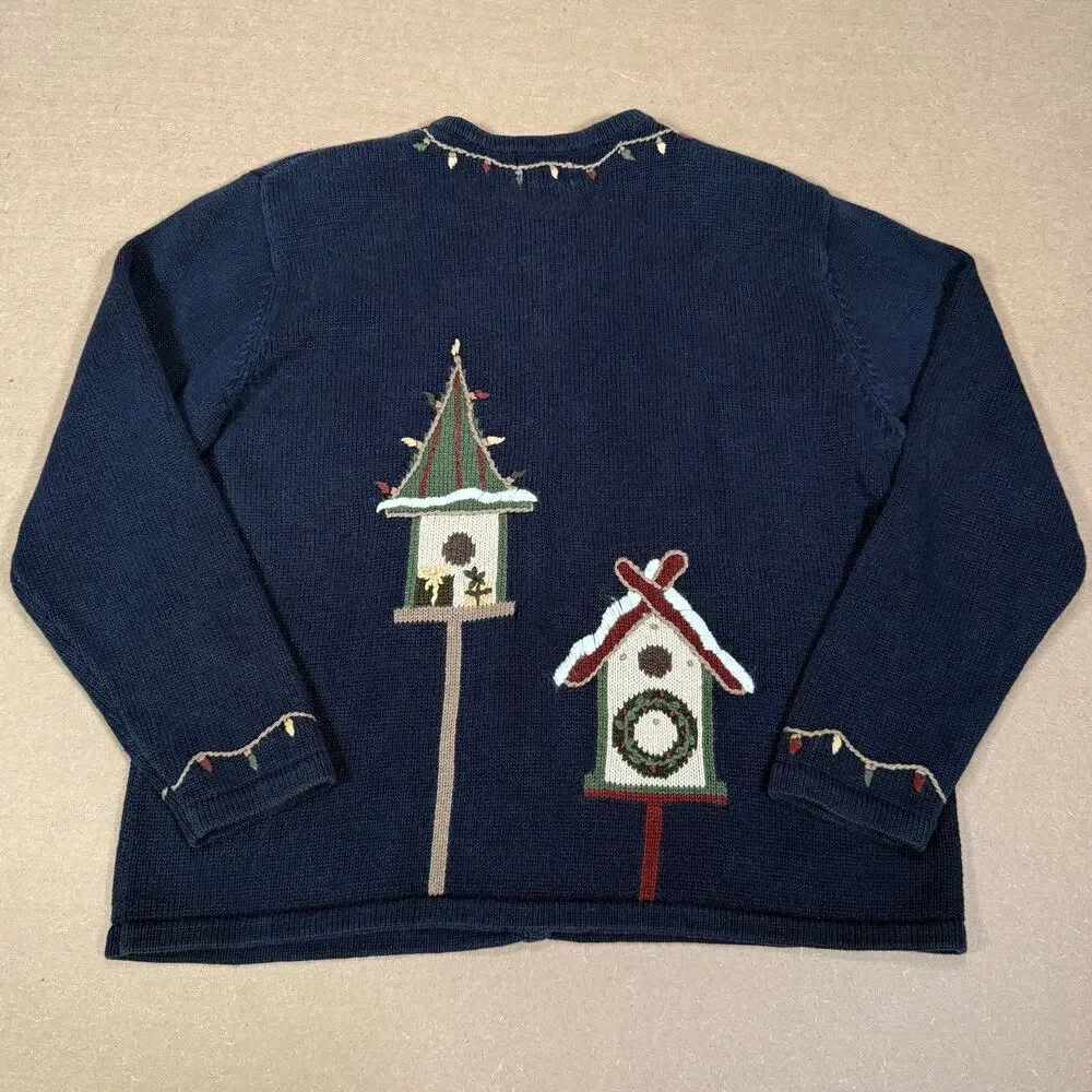 Holiday Moose Cardigan Sweater With Birdhouses And Lights Embroidery Womens L